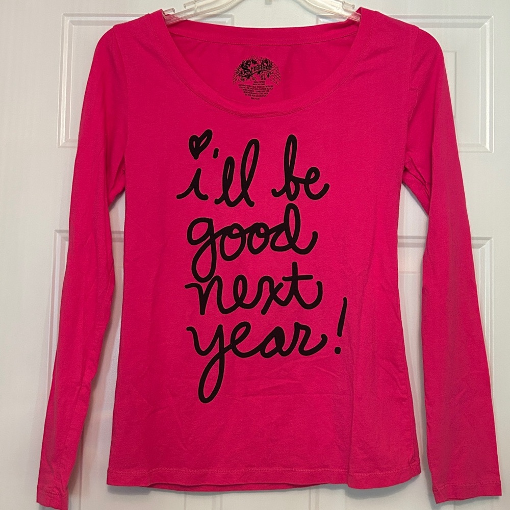 “I’ll be good next year” Pink XL Cotton Tee NWOT Fitted Christmas Holiday